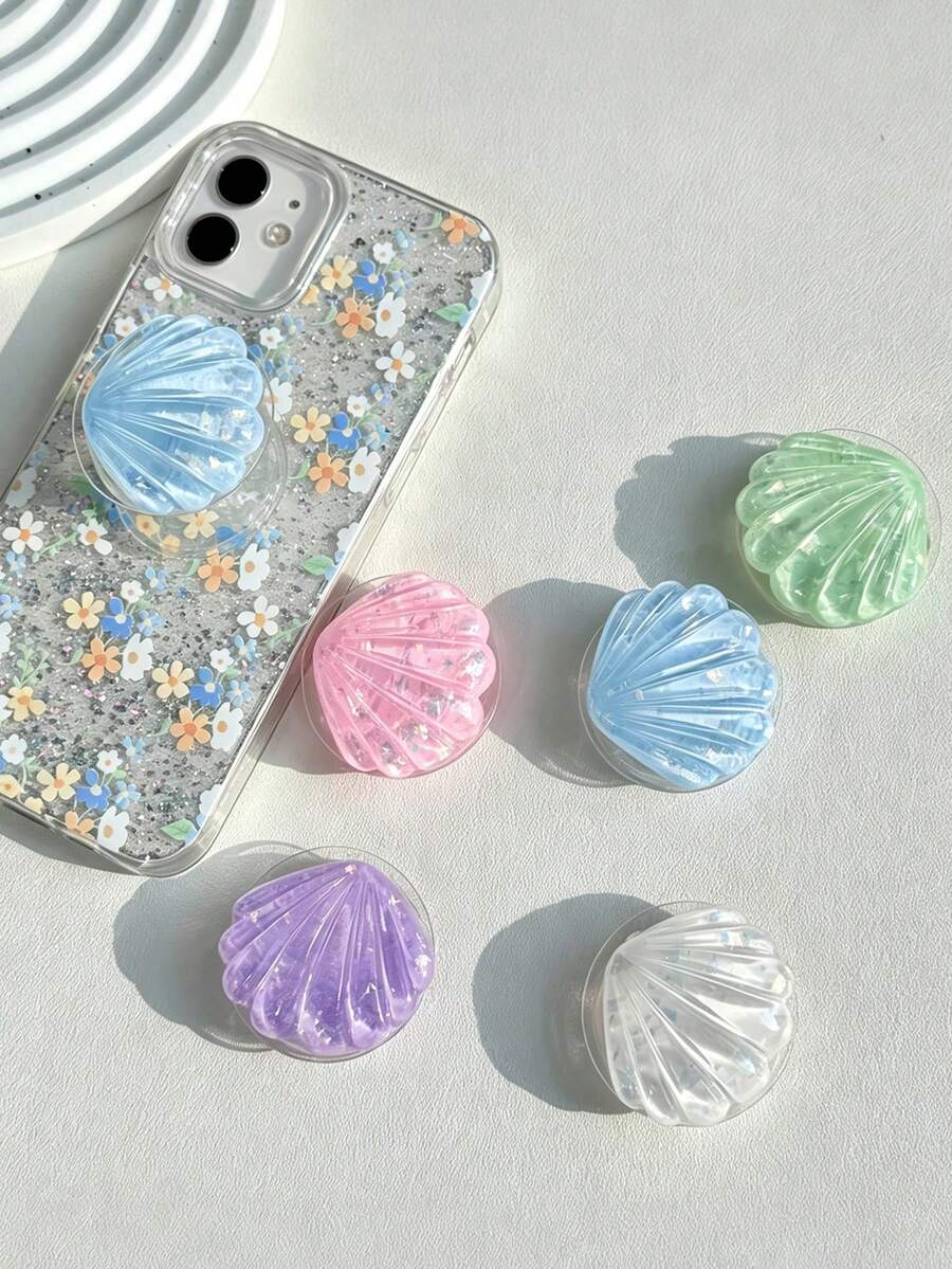1pc Seashell Phone Grip Stand, Semi-Transparent Glitter Seashell Air Cushion Stand, 360° Rotation, Foldable Portable Stand, Candy Color High-Quality Phone Accessory, Gift - Multicolor - View 1