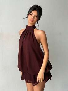 Vestido mini elegante de mujer con cuello halter y lazo en color amarillo claro - Marrón Chocolate - Ver 8