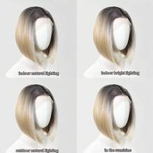Ombre Gold Highlight Short Wavy Wig, Dark Roots, 13x4 Lace Front, Suitable For Daily Use, 150% Density, Realistic Natural High-Temperature Fiber - Brown - View 9