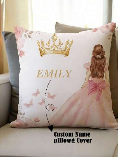 1PC Personalized Princess Pillow Cover Without Insert, Custom Name Watercolor Pink Princess Throw Pillowcase, Floral Crown & Butterfly Print Cushion Cover, Soft Polyester Pillow Cover For Girls Bedroom Nursery Kids Room & Adult Living Room Decor, No Filler Included, Personalized Birthday Baby Shower Gift, Decorative Pillow For Sofa Bed Couch Car, Unisex Gift For Baby Toddler & Adults