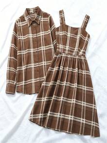 1 pieza Tela de gasa con estampado de cuadros negros y perlas, tela de gasa con estampado retro de estilo universitario para camisas, vestidos - Marrón claro - Ver 3