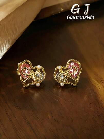1 Đôi bông tai đính đá Cubic Zirconia hình trái tim và nơ, kiểu dáng độc đáo, ngọt ngào, dễ thương, đa năng, phù hợp cho nữ giới đeo hàng ngày, dự lễ hội và hẹn hò.