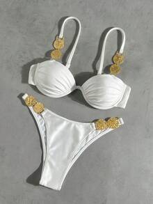Bikinx Bộ bikini nghỉ dưỡng thanh lịch năm 2026 dành cho nữ, dây đeo vai và trang trí bằng kim loại ở eo, thiết kế buộc dây phía sau có gọng, thích hợp cho kỳ nghỉ biển mùa hè. - trắng - Xem 5