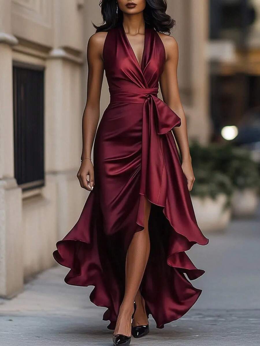 Best-Selling Elegant V-Neck Irregular Women's Ruffle Dress With Slim Fit Flared Hem For Summer Parties - Burgundy - View 1