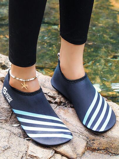 Black & Blue Striped Quick-Dry Water Shoes, Breathable Soft Elastic Non-Slip Rubber Sole, Suitable For Indoor Yoga Pilates, Outdoor Beach Swimming