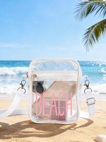 1pc Clear Crossbody Makeup Bag, Printed Beach Word ,Transparent Cosmetic Pouch With Adjustable Strap, Travel Toiletry Bag, Suitable For Vacations - Multicolor - View 2