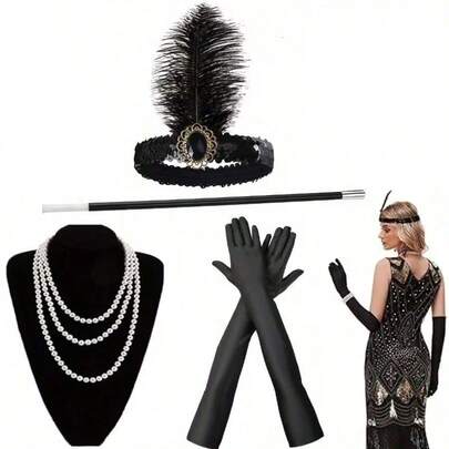 1920s Women's Headpiece, Necklace, Bracelet, Gloves, Cigarette Holder, Earrings Set, Vintage Party Costume Accessories
