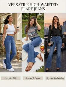 Women's High Waist Flare Leg Stretch Pants, Faux Denim Look, Outdoor Trousers With Fake Pockets & Buttons - Blue - View 6