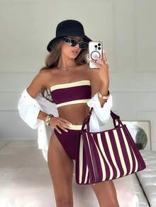 Nuevo bikini bandeau de unicolor con tirantes desmontables, sexy y de moda, para mujer, adecuado para playa, fiesta de piscina, vacaciones de verano - Marrón - Ver 7