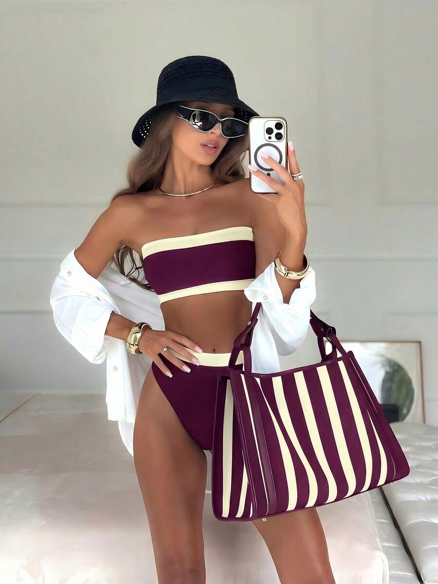New Fashionable Sexy Solid Color Detachable Strap Bandeau Bikini Swimwear For Women, Suitable For Beach, Pool Party, Vacation Summer - Burgundy - View 1