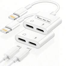 1-2个二合一耳机适配器，Lightning + Lightning 辅助音频和充电适配器，转换器线缆分线器，兼容 14 Pro Max/14 Pro/14 Plus/14/13/12/11/XS/XR/8/7/6，系列耳机插孔适配器 - 白色 - 查看 2
