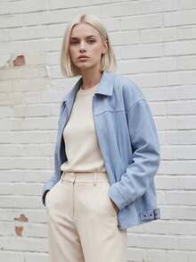 Womens Fall Spring Jacket Casual Loose Fit Stylish Solid Color Zip Up Collared Long Sleeve Coat - Blue - View 3
