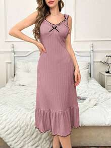 Snug Reverie Camisón informal para mujer con textura de punto, decoración de moño, dobladillo plisado y tirantes anchos - Rosa - Ver 3