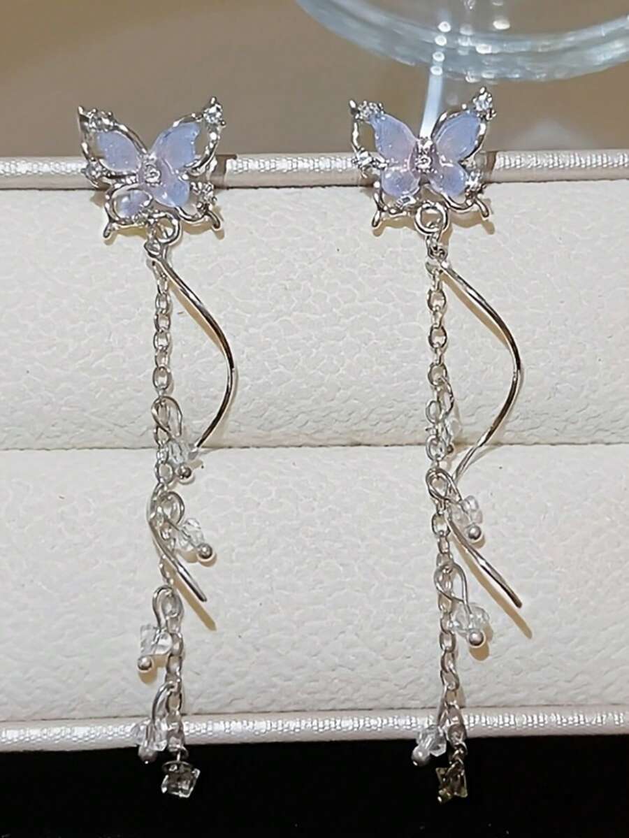 一对蝴蝶耳环，带流苏吊坠，甜美时尚，适合女性日常佩戴、度假、休闲和派对场合。 - 藍色 - 查看 1
