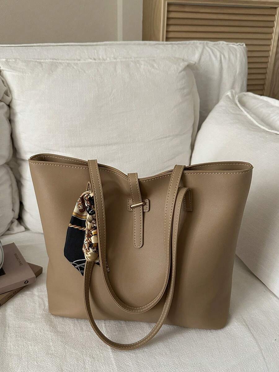 1 chiếc túi tote khăn quàng cổ màu trơn, túi xách đeo vai cỡ lớn bằng da PU dành cho nữ, túi công sở và túi thường ngày. - Màu Khaki - Xem 1