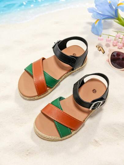 1 Pair Fashion Children's Sandals, Girls' Thick-Sole Colorful Sandals, Contrast Color Crossed Green & Brown Hook And Loop Design, Non-Slip Durable Sole, Suitable For Summer Outings, Banquets, Gatherings, Parties, Holidays, Leisure & Vacation