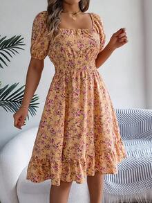 Women's Casual Vacation Petal Sleeve Drawstring Ditsy Floral Mini Dress, Spring/Summer Elegant - Yellow - View 4