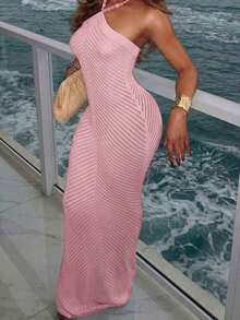Vestido de tirantes con decoración de perlas falsas para mujer, vestido holgado con cordones azules, vestido lápiz de estilo bohemio.Adecuado para salidas a la playa, vacaciones casuales, festivales de música, fiestas en la playa y eventos de cóctel en verano - Rosa - Ver 3