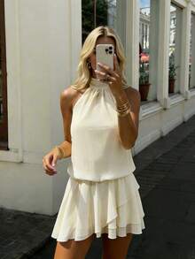 Women's Elegant Romantic Halter Backless Ruffle Mini Dress With Safety Shorts, Suitable For Beach In Spring/Summer - Yellow - View 6