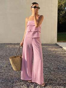 Conjunto fresco para mujer: top con volante + pantalones holgados, perfecto para vacaciones en la playa y salidas casuales - Rosa - Ver 6