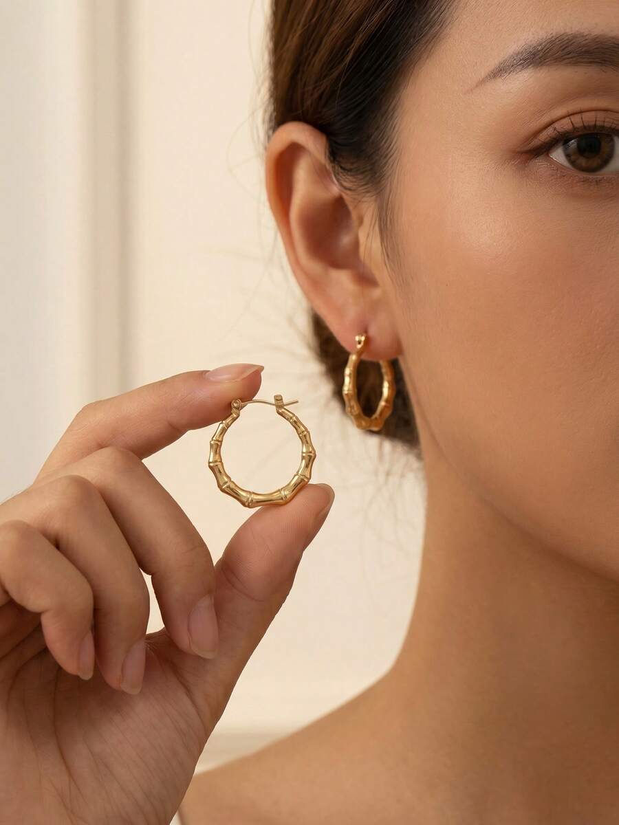 Pendientes de aro con nudo de bambú de estilo minimalista y patrón geométrico a rayas, únicos pendientes de acero inoxidable para mujeres, adecuados para uso diario, vacaciones y regalos. Accesorios de joyería elegantes para damas y niñas, también adecuados para bodas. Joyería de acero inoxidable dorado llamativa, accesorio versátil para vestidos casuales