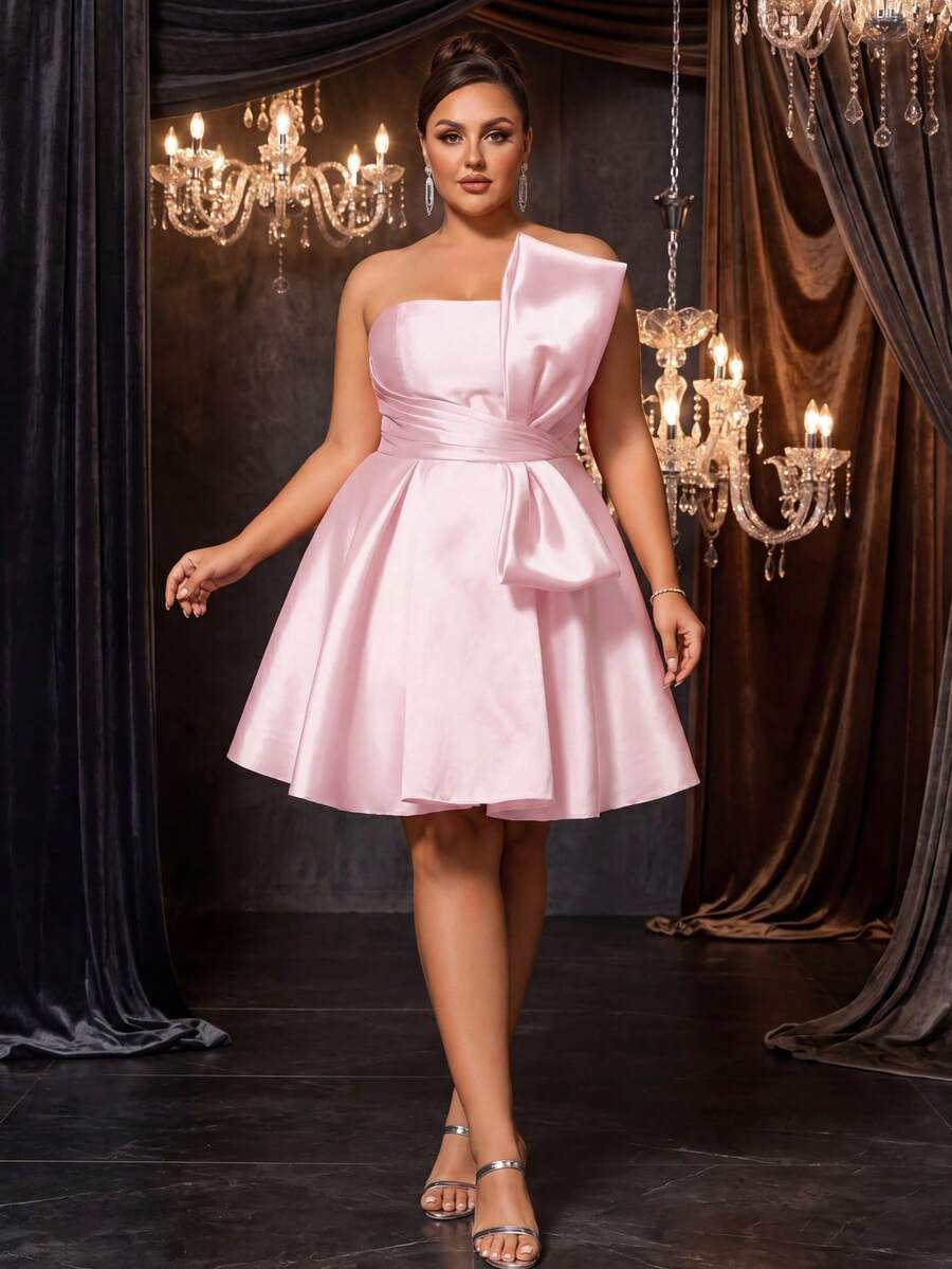Smilprince Plus Size Fuchsia Woven Fabric Strapless Formal Dress, Front Button Design, Flared Skirt, Suitable For Women Wedding Party - Baby Pink - View 1