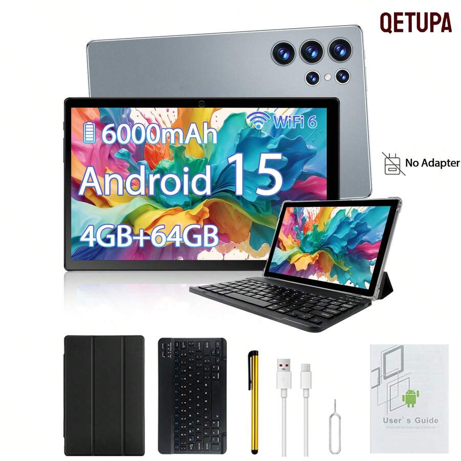 Qetupa Android 15 Tablet PC, 10.1 Inch 4GB RAM+64GB ROM, MTK 6797 Octa-Core 2.0GHz Processor, HD (1280x800) IPS Touchscreen, 5MP Front Camera And 13MP Rear Camera, 6000mAh Large Battery, Bluetooth 5.2 And 802.11ac WiFi 5, GPS(No Adapter) - Gray With Keyboard - View 1