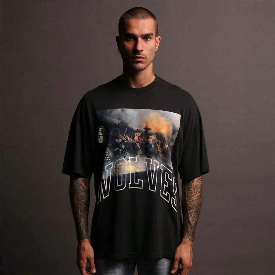 DARCSPORT American-Style  Retro T-Shirt For Couples, Men's Top, Pure Cotton Loose-Fit Round-Neck T-Shirt - 黑色 - 查看 1