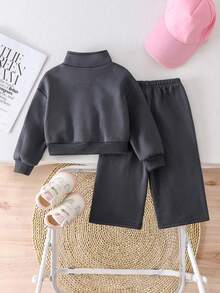 2pcs Baby Girl Cartoon Print Solid Color Sweatshirt And Pants Set, Minimalist Design, Comfortable For Spring, Autumn And Winter - Dark Grey - View 2
