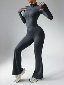 Women Solid Color Long Sleeve Top And Slim Fit Pants Active Set Workout Women Set Women Workout Set Gym Women Outfit - 深灰色 - 查看 7