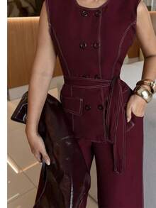 Women's Sensorial Marrante Set – Wide-Leg Pants With Elastic At The Back + Blouse/Vest With Buttons - Gỗ đỏ - Xem 4