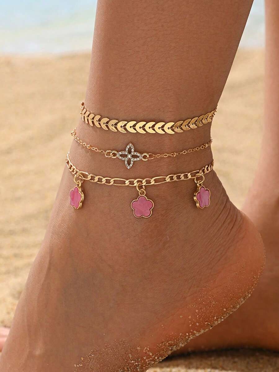3 Stücke/Set modischer funkelnder Kristall Kleeblatt Quaste Fußkette, geeignet für den täglichen Gebrauch, Strandurlaub, Dates, handgefertigt in verstellbarer Länge - Gold - Übersicht 1