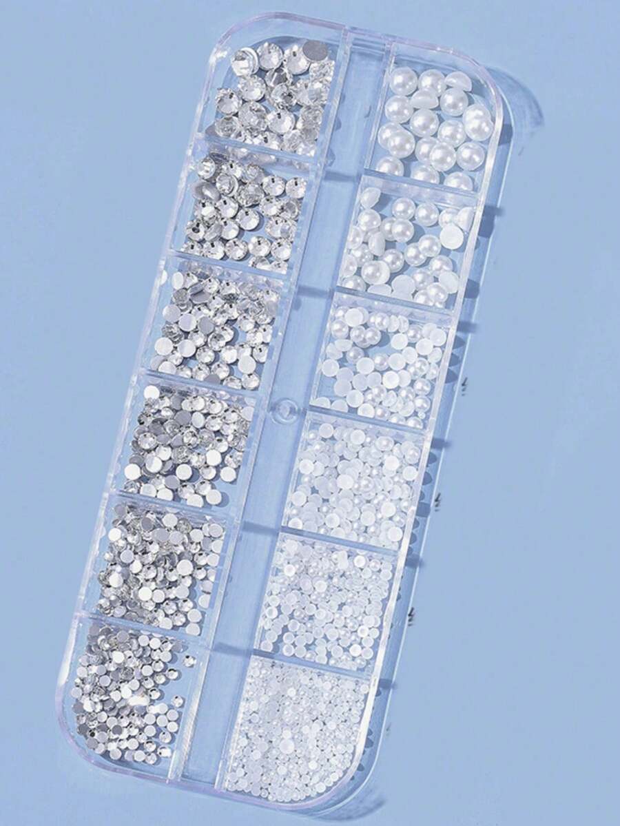 12格白色珍珠半珠+白色平底水钻DIY首饰材料盒 - 白色 - 查看 1