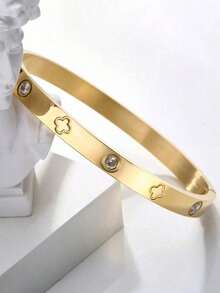 1pc Steel Bangle, Mirror Polished, Vacuum Plated, Not Easy To Fade, Lucky Four Leaf Clover With, Fashionable, Suitable Daily Wear Valentines - Gold - View 4