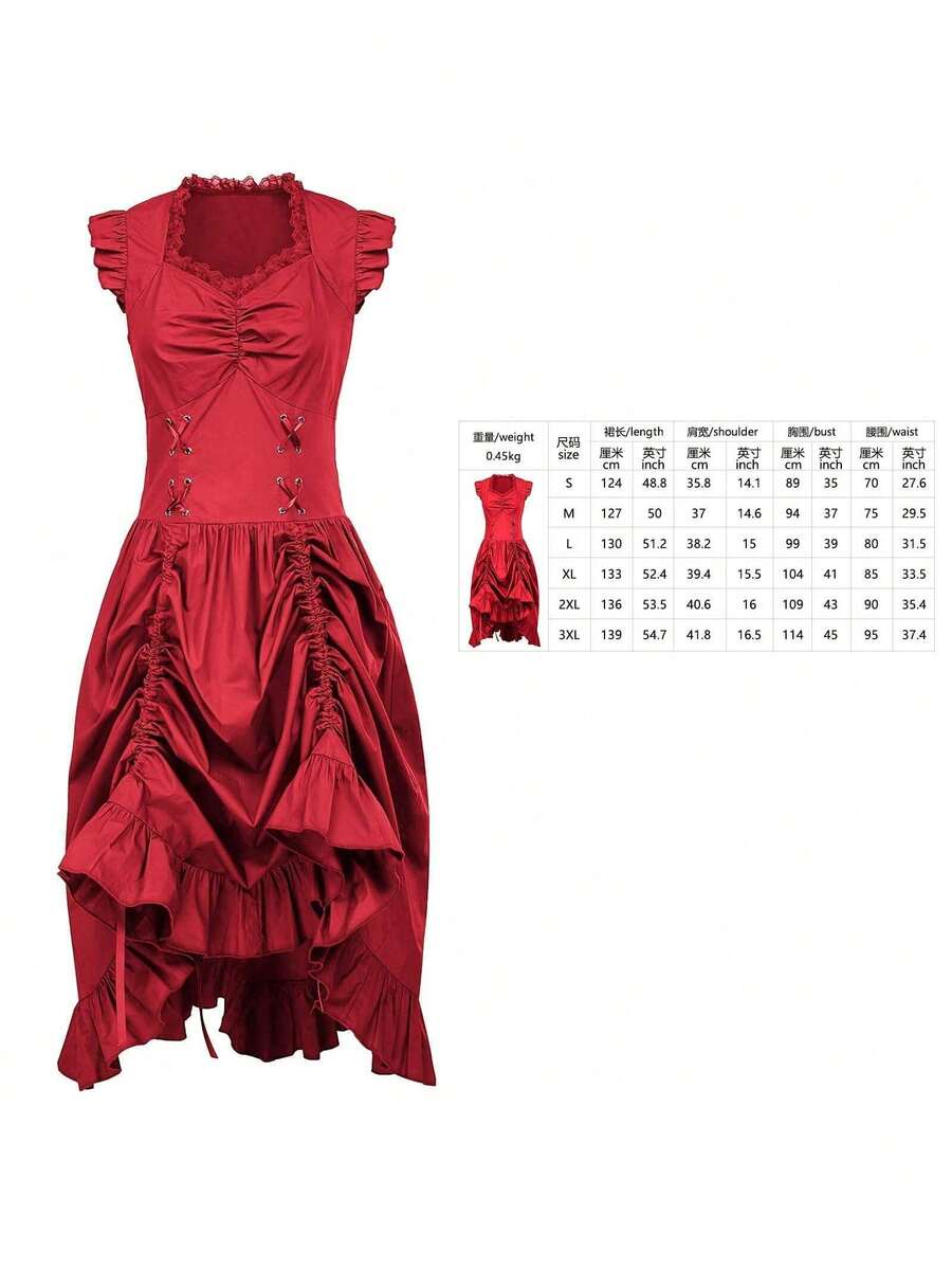 Victorian-Era Gothic Ruffled Dress, Plus Size, Stage Costume, Women's Outfit - 2023051401 Sleeveless Dress Red - View 1
