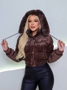 Puffer Jacket In Corduroy With A Faux Fur Lining. - Coffee Brown - View 1
