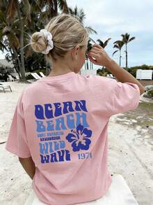 Tween Girls' Summer Vacation Casual Hibiscus Flower Slogan Print Soft Breathable Oversized T-Shirt - Pink - View 3