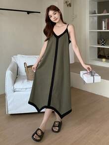Vestido de casa/pijama suelto y suave para mujer con tirantes de color contrastante sin mangas - Verde militar - Ver 5