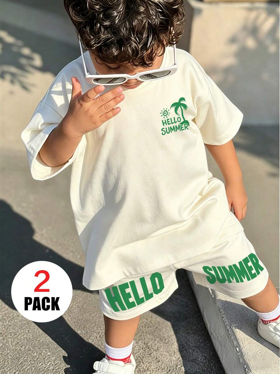 2件組男童夏季「HELLO SUMMER」椰子樹印花短袖T恤+短褲套裝,舒適透氣柔軟休閒穿搭,寬鬆百搭海灘度假童裝 - 杏色 - 查看 1