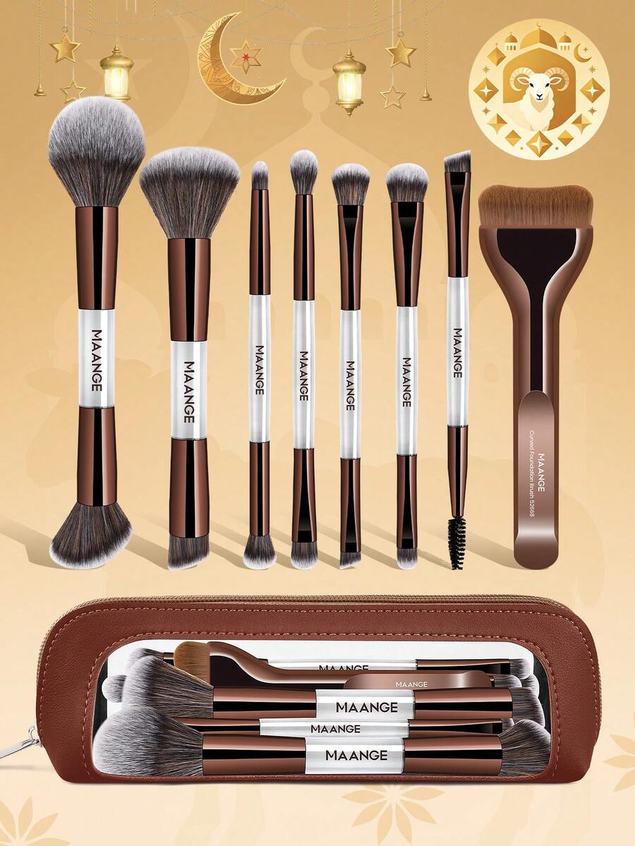 MAANGE 8/9pcs Makeup Brush Set, Includes Professional Aluminum Tube Makeup Brushes + Storage Bag, Containing Foundation Brush, Face Brush, Powder Brush, Blush Brush, Concealer Brush, Contour Brush, Nose Brush, Highlighter Brush, Eye Shadow Brush, Eyebrow Brush, Detail Brush, Suitable For Daily Facial Makeup, Travel Makeup Brush Set, Gift For Women And Girls.