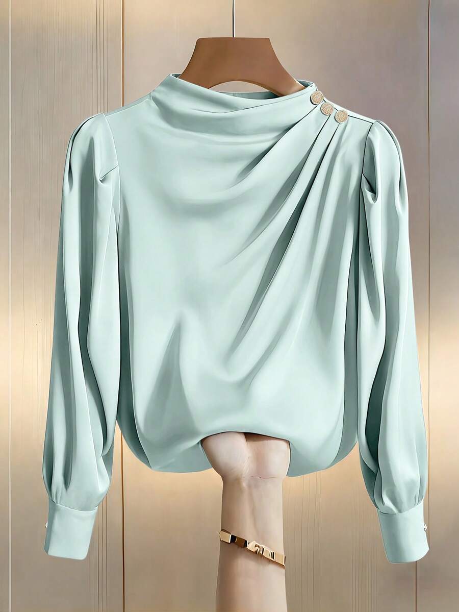 Women's Casual Lightweight Commuter Shirt With Mandarin Collar, Pleated Design, Princess Sleeve, Long Sleeve, Spring/Autumn - Mint Green - View 1