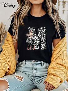 Disney Women's T-Shirt Casual Summer Short Sleeve T-Shirt | Leopard Print Minnie Mouse & Bold Letter M Graphic, Vibrant Purple, Machine Washable, Fashion, Playful Design, Durable Print - màu đen - Xem 6