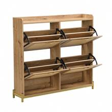 Elegant Wooden Shoe Cabinet With Rattan Doors: 4 Doors, Metal Frame And Top Shelf For Stylish And Organized Storage. - Khaki - View 9