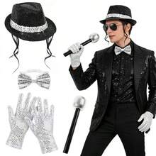 Conjunto de disfraz y accesorios de discoteca para adultos, atuendo temático de estrella pop, que incluye sombrero de ala corta con lentejuelas, guantes plateados, corbata de moño, disfraz de estrella pop de los 80, accesorios para fiesta de discoteca, disfraz de Halloween - Multicolor - Ver 1