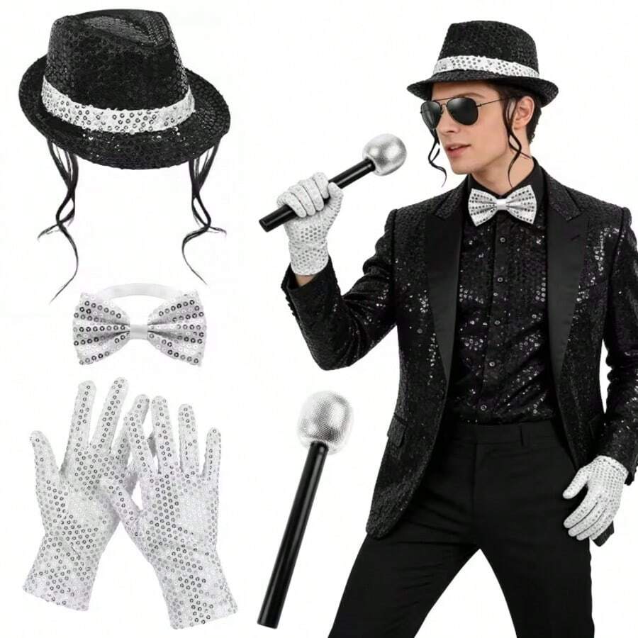 Conjunto de disfraz y accesorios de discoteca para adultos, atuendo temático de estrella pop, que incluye sombrero de ala corta con lentejuelas, guantes plateados, corbata de moño, disfraz de estrella pop de los 80, accesorios para fiesta de discoteca, disfraz de Halloween - Multicolor - Ver 1