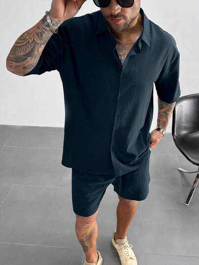 GloMan Men's Textured Short Sleeve Shirt And Shorts Set. Lightweight And Breathable. Suitable For Daily Wear, Travel, Golf, Vacation. A Great Gift For Boyfriend Or Husband.