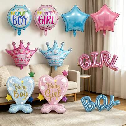 Bộ 10 bóng bay tiết lộ giới tính, trang trí tiệc mừng em bé - Bóng bay tròn và hình ngôi sao 18 inch hình bé trai/bé gái, bóng bay hình vương miện, chữ cái và trái tim đứng, bộ bóng bay nhôm màu hồng và xanh dương cho tiệc tiết lộ giới tính em bé, đồ dùng chào đón em bé.
