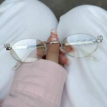 1pc Women's Metallic Oval Narrow Frame Rhinestone-Inlaid Fashion Glasses, Y2K Vintage Kawaii Plain Eyewear For Daily Styling Glasses Accessories For Women - 金色 - 查看 5