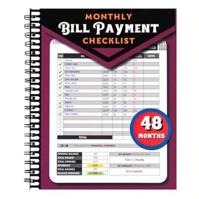 A New Journey Of 48 Months Of Financial Planning! This Bill Payment And Budget Tracking Program Includes A Monthly Financial Organizer Notebook To Help You Clearly Record Your Household Expenditure List. From Income To Expenses, It Provides A Comprehensive Overview, Carefully Made With High-Quality Paper Materials, And All-English Content, Providing You With Up To 48 Months Of Professional Financial Planning Support, Making Family Financial Planning Easy And Efficient.Flat Binding, No Spiral Coil, Easy To StoreSuitable For Home Financial Management And Gift Giving