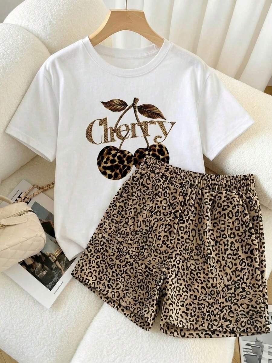 2 piezas Conjunto de top de manga corta con estampado flor y short animal print estampado animal para mujer- Traje de verano de dos piezas para mujer para vacaciones en la playa - Blanco - Ver 1